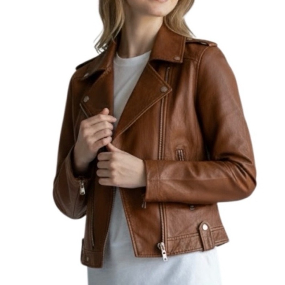 Women's Brown Leather Moto Bomber Jacket